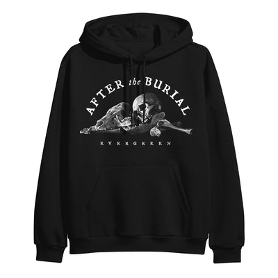 Image of a black hooded sweatshirt against a white background. In white text reads "after the burial". This is stretched out to make an arch. Below this is a black and white graphic of skulls and bones. Below this in white text across the hoodie reads "evergreen".