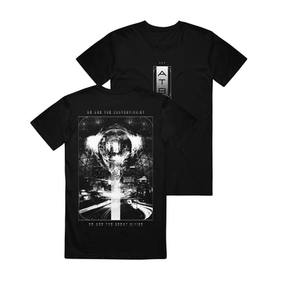 Image of the front and back of a black tshirt against a white background. The center of the front says ATB in black text surrounded by a white and grey static rectangle. The back of the shirt says "we are the contortionist" in small white text. Below this is a large rectangle. Inside the rectangle is a black and white graphic of a sphere with a white light coming down from it. There is a city scape in the background and a road leading to the city. Below this reads "we are the great divide".