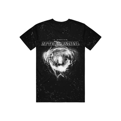 Image of a black tshirt with white speckles against a white background. Across the chest in white text reads "in dreams, after the burial". The wrods after the burial are white outlined with black in the center. Below this is a graphic of an orb with the symbol for pi in the center. The graphic is white, grey and black.
