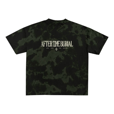 A black and dark green custom-dyed After The Burial t-shirt features large white lettering across the chest, smaller text, and a small logo beneath—ideal for fans seeking unique printed tees.