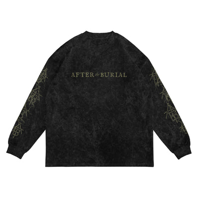 A black mineral wash long-sleeve shirt from After The Burial featuring gold "AFTER the BURIAL" text on the front and gold branch designs down both sleeves.