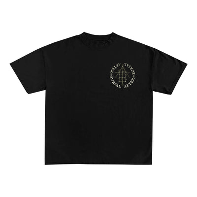 A plain black Comfort Colors short-sleeve t-shirt by After The Burial featuring a small white circular "REVIVAL" text design on the left chest, with the word repeated in a circle.