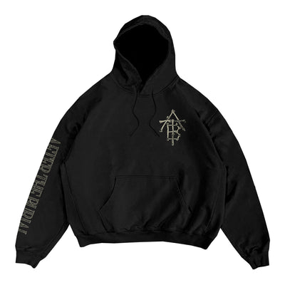 Black hooded sweatshirt by After The Burial featuring a graphic logo on the left chest and white ALFRED PLE BIDALL text along the right sleeve, crafted from heavyweight pullovers and displayed against a white background.