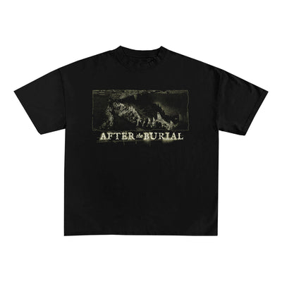 A black After The Burial Comfort Colors tee with a distressed jagged mountains graphic above bold capital "AFTER THE BURIAL" text.