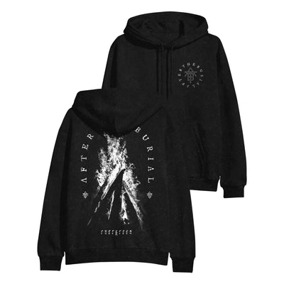 Image of the front and back of a black hooded sweatshirt against a white background. The left chest features the after the burial logo in a thin white outline. Surrounding that in a circle are the words "after the burial' in white text. The back of the hoodie says "after the burial" in a white arch. There is a small ATB logo at near the A in after and the L in burial on the arch. In the middle of the arch is a black and white graphic of a campfire burning. Below this in white text reads "evergreen".