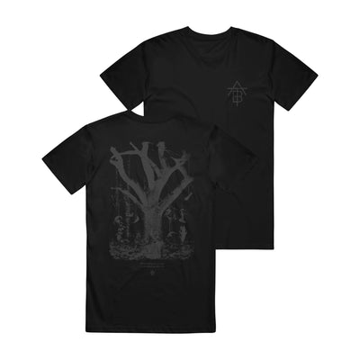 Image of the front and back of a black tshirt against a white background. The front left chest features the after the burial logo in a dark grey color. It looks like sticks that are laid out to make the letters ATB in a descending order. The back of the shirt features an image of a tree with animal skulls hanging from the tree. This is also in a dark grey color. 
