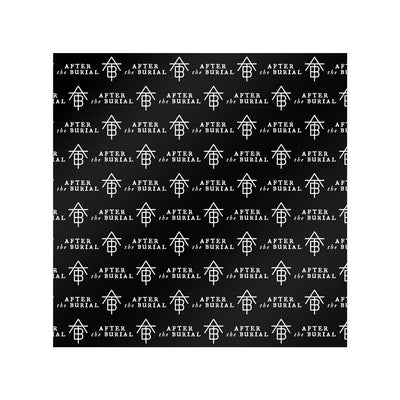 Image of a sheet of black and white wrapping paper against a white background. The paper is black with white text. The wrapping paper says "after the burial" and then features the ATB logo. This pattern continues throughout the entirety of the wrapping paper. 