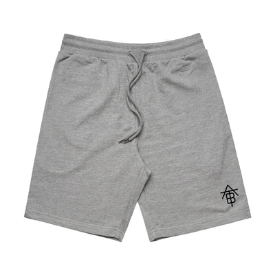 Image of heather steel shorts against a white background. The left outer leg features the after the burial ATB logo in black.