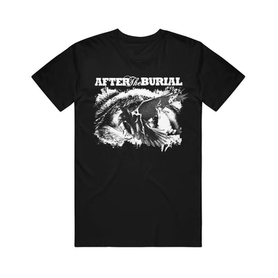 Black T-Shirt front. After the Burial logo printed in white on the top. A white raven is flying on top of the background of an eye. All print is white.