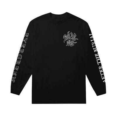 Image of the front of a black longsleeve against a white background. The left chest features the after the burial atb logo in black with a thin white outline. Behind this logo is a white outline of 3 birds. The left sleeve says "after the burial" in white text with little black distress marks on it. The right sleeve says "evergreen" in a white outline filled with black and distress marks on the outline.