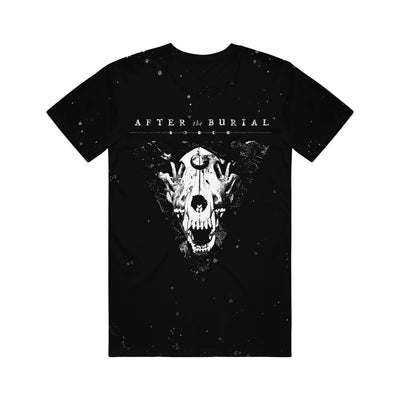 Image of a black tshirt against a white background. The black tshirt has purposeful white specks all over it. Across the chest in white text reads "after the burial". Below this is a line with 5 moons on it throughout the line. Below this is an upside down triangle. Inside of the triangle is an animal skull with its mouth open in white. 