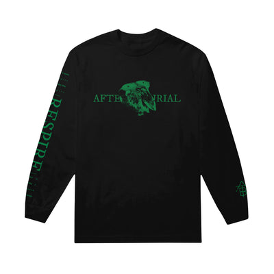 Image of the front of a black longsleeve against a white background. Across the chest in green text reads "after the burial". Centered behind the text is an image of an animal skull. The right sleeve says "respire" in large green text. above and below this are small words in green.