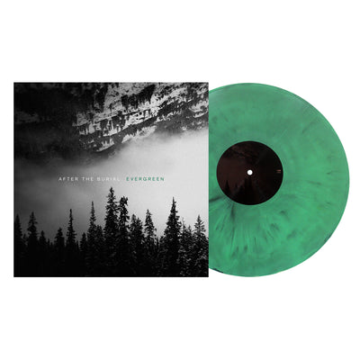 image of an mint green and black galaxy vinyl on the right coming out of the sleeve of the album cover on the left. the cover is a black and white photo of evergreen trees on a smokey moutain. across the center says after the burial evergreen.