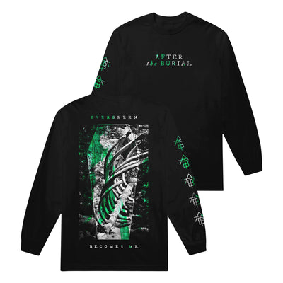 Image of the front and back of a black longsleeve against a white background. The front says "after the burial" in a green and white multicolor text. The left sleeve features the after the burial ATB logo going down the sleeve several times in white and green multicolor. The back of the longsleeve keeps the same color scheme and says "evergreen" across the front.  Below this is a rectangle with an image of a ribcage and bones in a field. Below this reads "becomes me".
