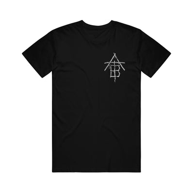 Image of a black tshirt against a white background. The left chest features the after the burial logo in white. It looks like sticks that are laid out to make the letters ATB in a descending order.