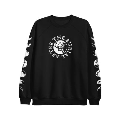Image of a black crewneck against a white background. The center of the crewneck has a white and black circle with a black after the burial ATB logo in the center. Surrounding the circle in a circle shape are the words "after the burial". This is in white. The sleeves have a black and white print with moon phases descending down the sleeves. In the center of the full moon on each sleeve is the ATB logo- letters that are laid out to make the letters ATB in a descending order.
