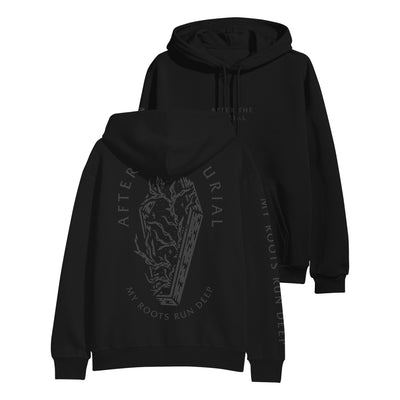Image of the front and back of a black hoodie against a white background. The front of the hoodie is embroidered and says "after the burial" in the center in a dark grey/black text.  The back of the hoodie says "after the burial" in an arch in the same color and features a graphic of a coffin underneath the arch. There are roots sticking out of the coffin and stars around the roots. Below this are the words "my roots run deep" in a u shape. The right sleeve also says "my roots run deep".