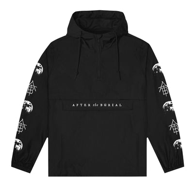 Image of a black windbreaker against a white background. There is a large kangaroo pouch style pocket on the bottom center of the windbreaker. On the flap of the pouch in white text reads "after the burial". The sleeves feature a pattern of a moon followed by the after the burial ATB logo. The logo looks like sticks that are laid out to make the letters ATB in a descending order. the print is mostly white with some hints of black on the moons. 